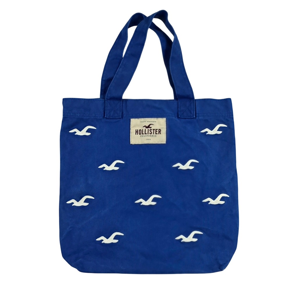 Hollister California Blue Canvas Tote Bag Embroidered Seagull Logo Beach Bag